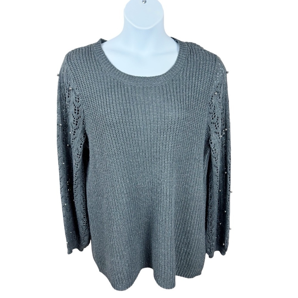 Lane Bryant Gray Metallic Sweater 18/20 Plus Size Beaded Sleeve Knit Pullover